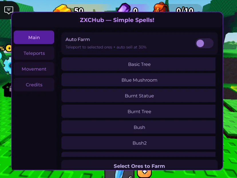 ZXCHub -✨Simple Spells Script [Auto Farm, Teleport, Ores]
