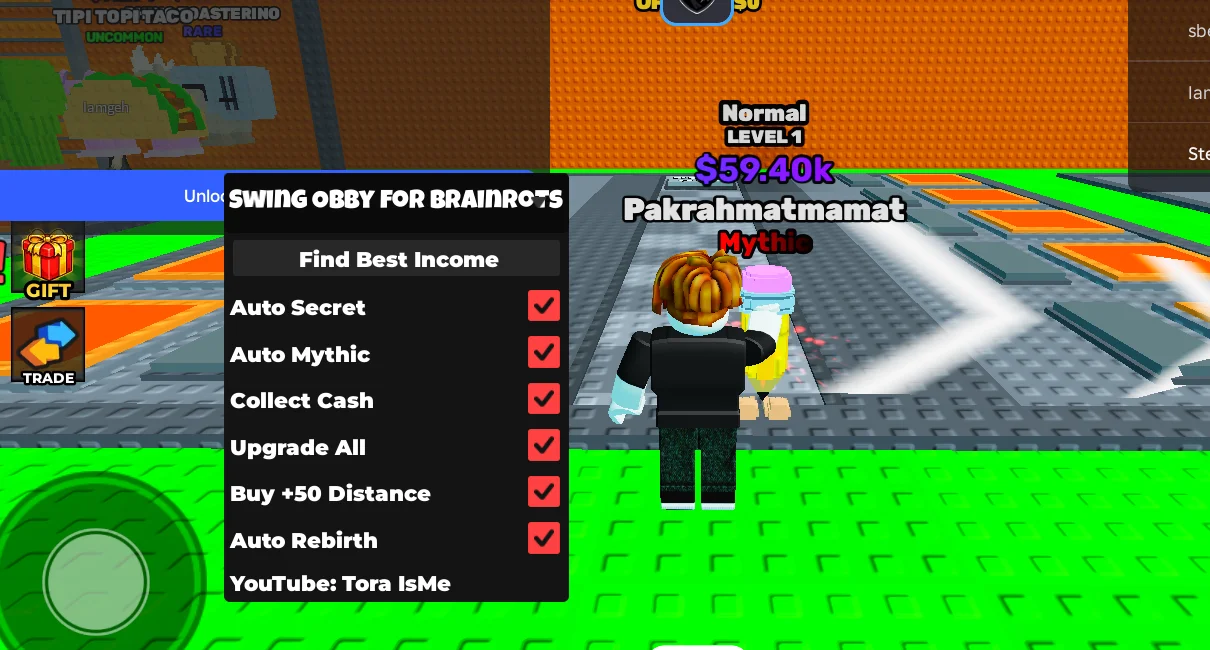 Swing Obby for Brainrots Script [NO-KEY, Money, Mythic]